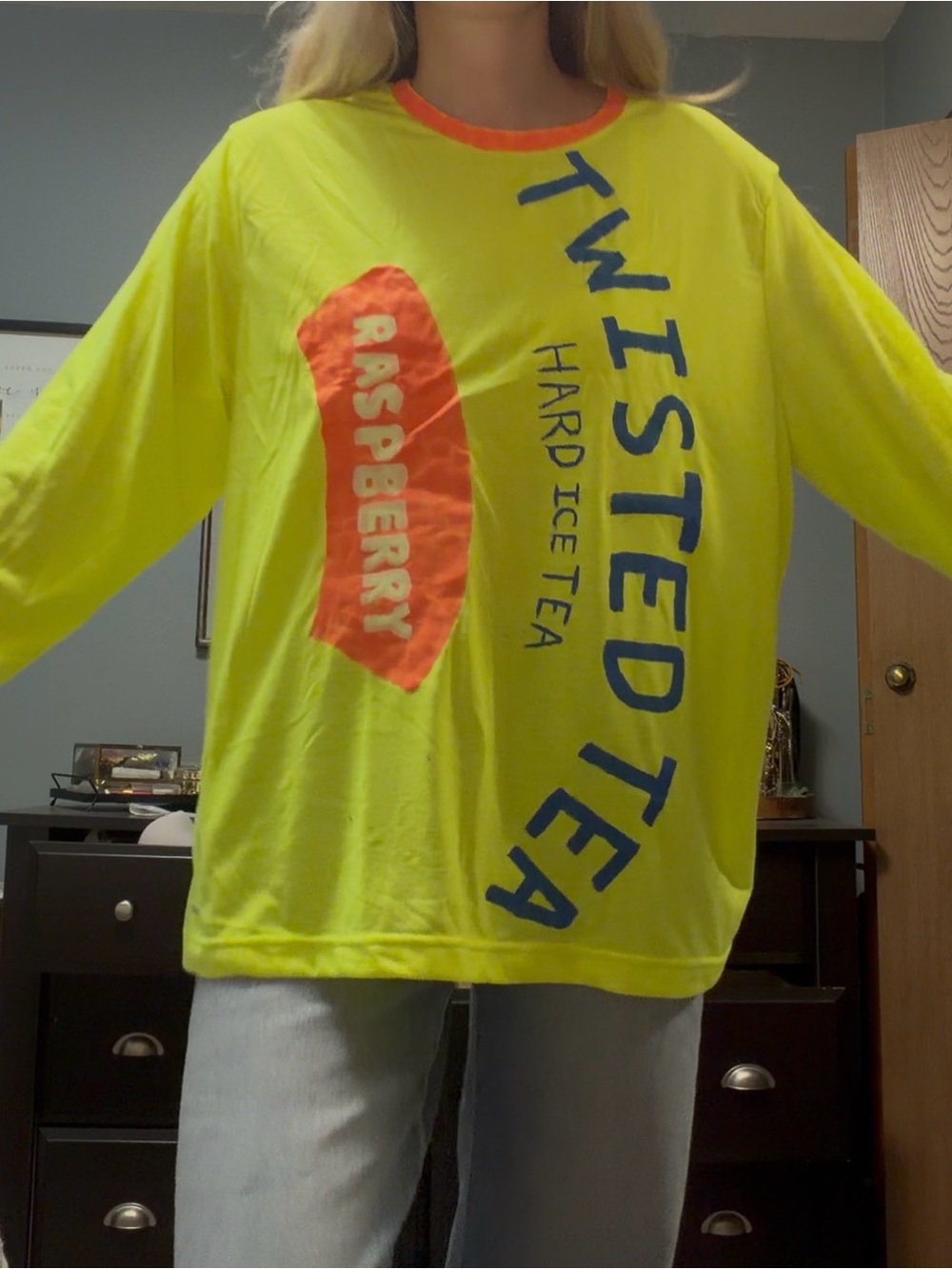 Athletic Works Neon Yellow Long Sleeve Tee with Raspberry Graphic